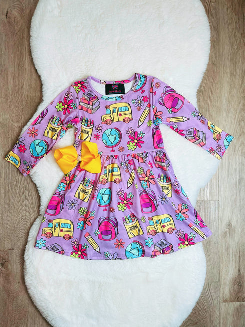 Bowtism Girls School Bus Stop Dress with Matching Bow - Bowtism